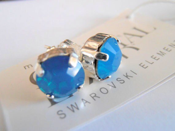 Caribbean Blue Opal Crystal Studs / Pierced Post Earrings / Silver Setting / Costume / Girls Jewelry