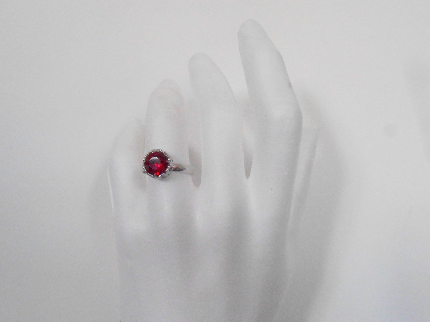 Ruby Red Crystal Ring, Crystal Stackable Ring, Art Deco Jewelry, Adjustable Platinum Plated Filigree Setting