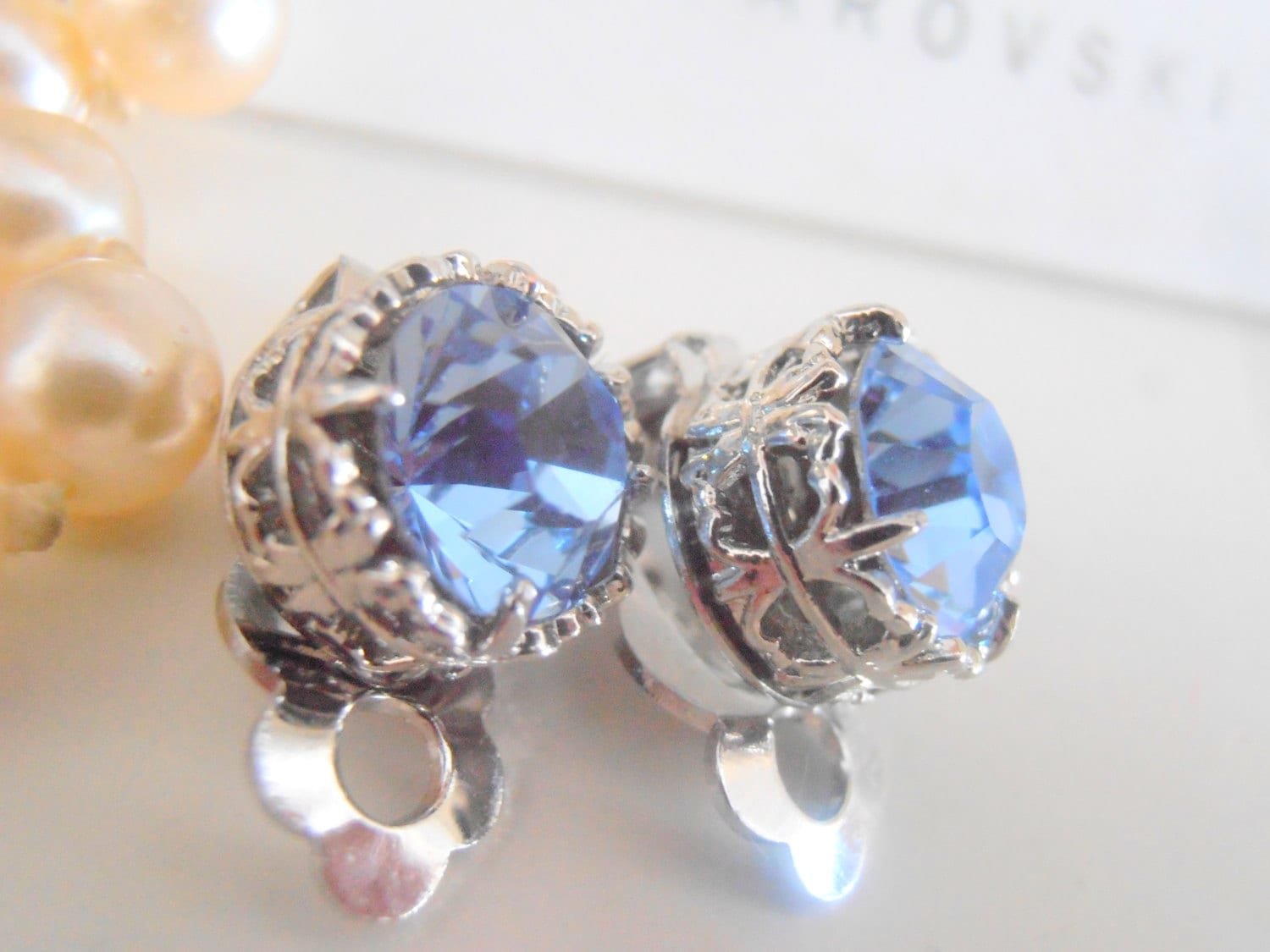 Light Sapphire Blue Clip on Filigree Earrings, No Pierced Post Ear Clips, Art Deco Jewelry, Girls Birthday Gift