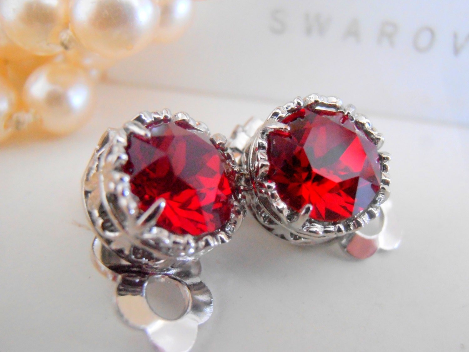 Siam Red Clip on Crystal Earrings, Platinum Non Pierced Studs, Christmas Gift, Art Deco Jewelry