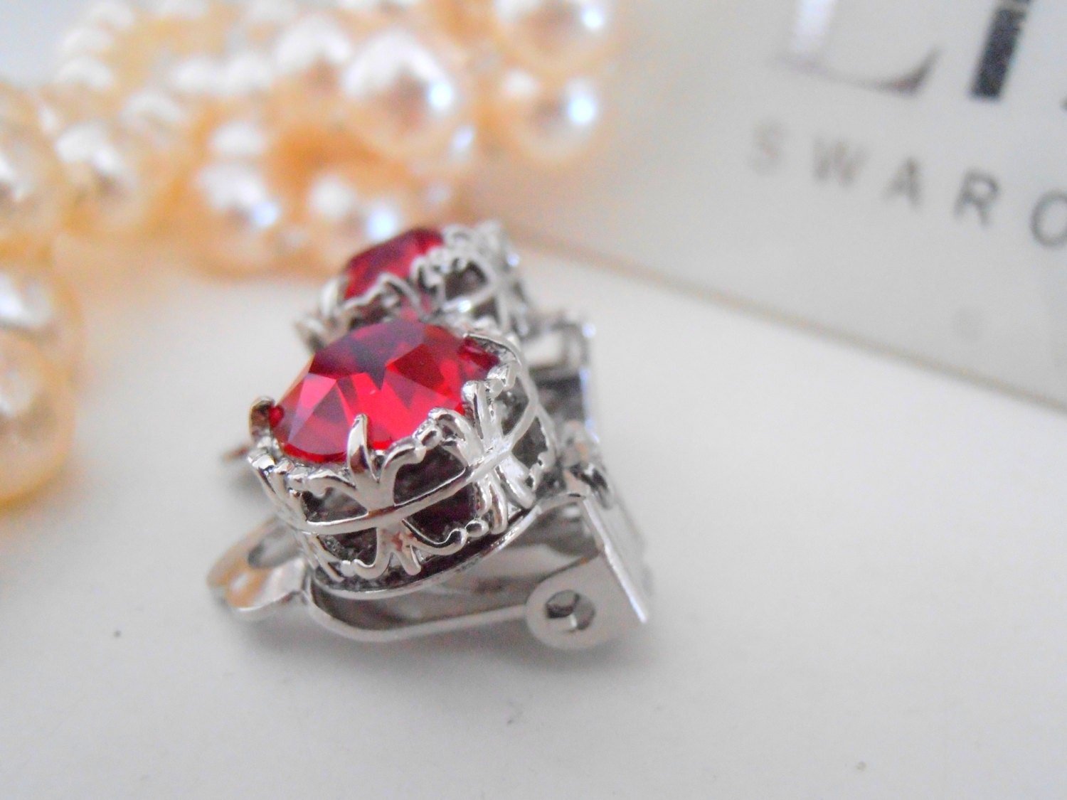 Siam Red Clip on Crystal Earrings, Platinum Non Pierced Studs, Christmas Gift, Art Deco Jewelry