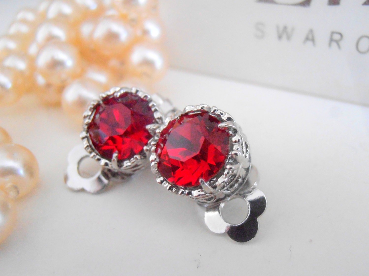 Siam Red Clip on Crystal Earrings, Platinum Non Pierced Studs, Christmas Gift, Art Deco Jewelry