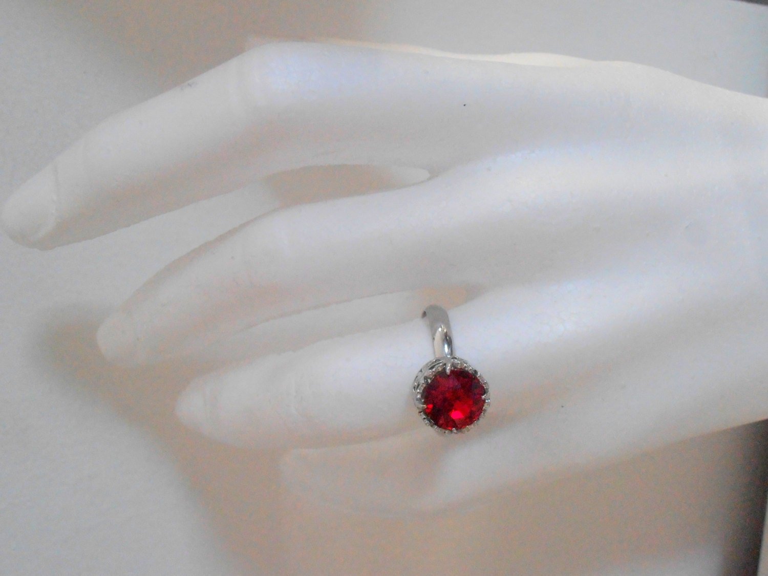 Ruby Red Crystal Ring, Crystal Stackable Ring, Art Deco Jewelry, Adjustable Platinum Plated Filigree Setting