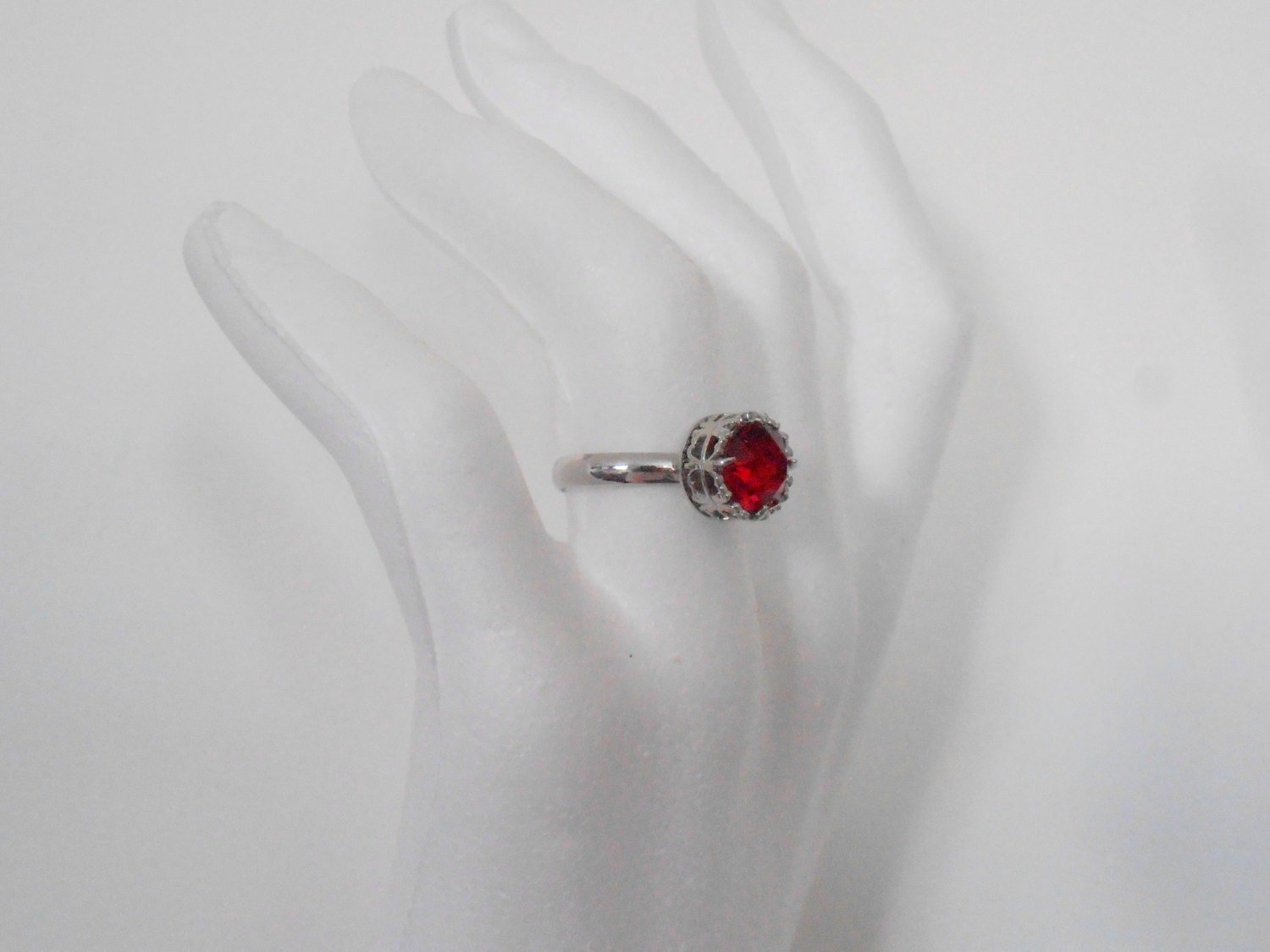 Ruby Red Crystal Ring, Crystal Stackable Ring, Art Deco Jewelry, Adjustable Platinum Plated Filigree Setting