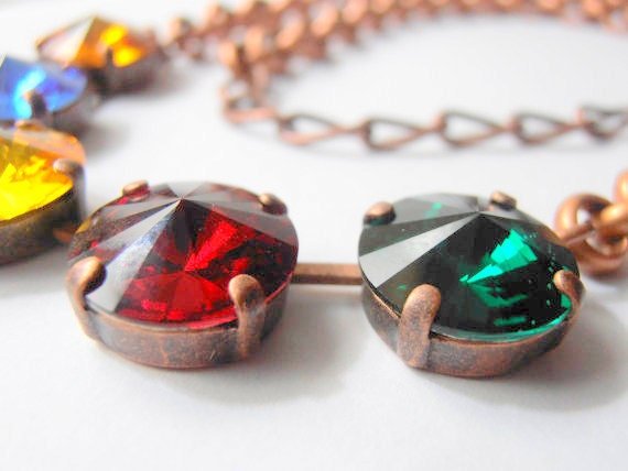 Vintage Multicolors Antique Copper Chain Necklace with Rivoli Crystals 1122,Tennis Cup chain Crystal Jewelry, Women Birthday Gift