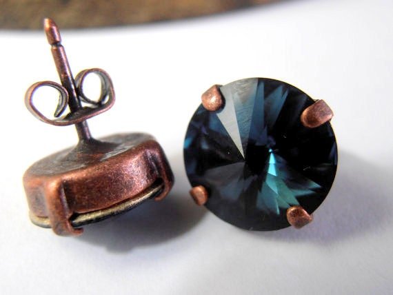 Montana Rivoli Earrings, Crystal Blued Studs, Antique Copper, Post Earrings, Costume Jewelry