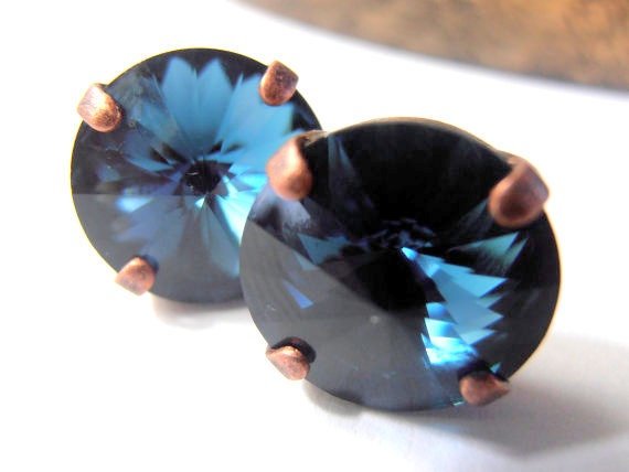 Montana Rivoli Earrings, Crystal Blued Studs, Antique Copper, Post Earrings, Costume Jewelry