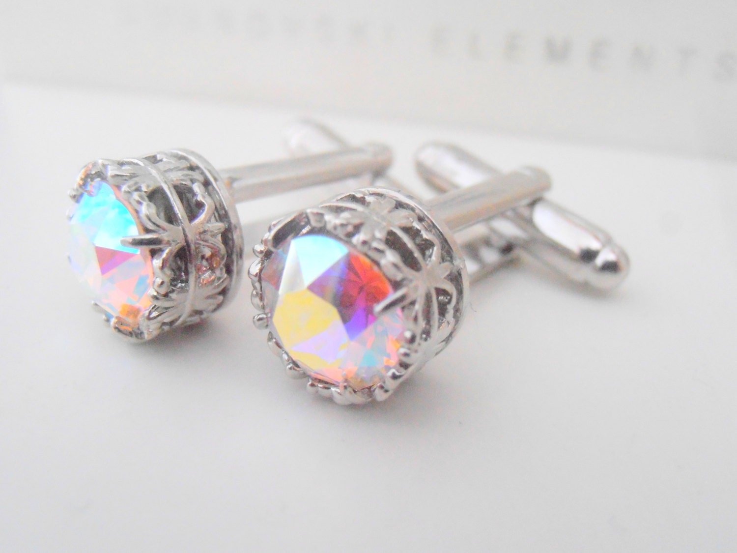 Art Deco Filigree Aurora Borealis Crystal Cufflinks for Groom, Wedding Day Jewelry Accessories, Bridal Suit and Tie Shirt Cuffs