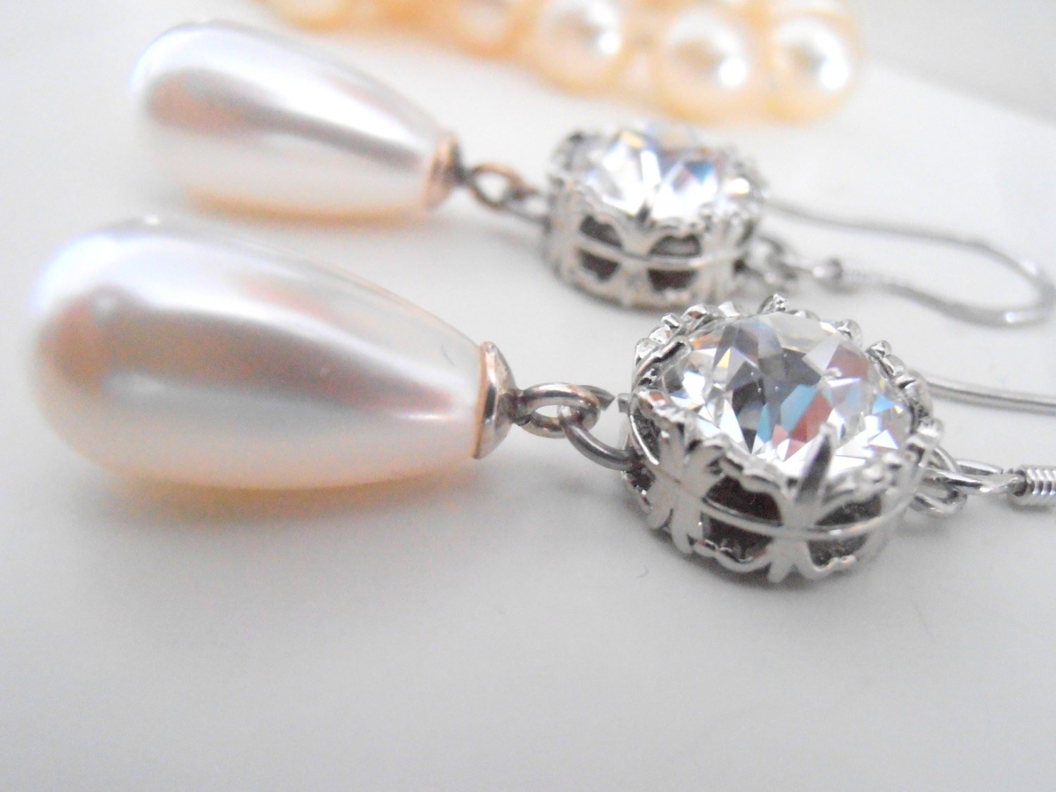 White Pearl and Crystal Teardrop Dangle Earrings in Platinum, Wedding Day Jewelry for Brides, Bridgerton Anniversary Gifts