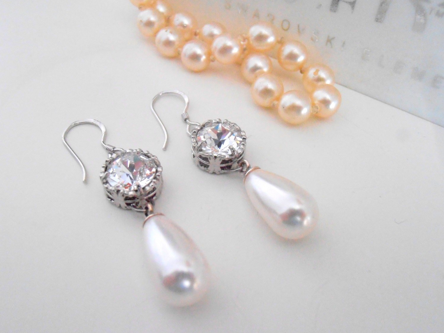 White Pearl and Crystal Teardrop Dangle Earrings in Platinum, Wedding Day Jewelry for Brides, Bridgerton Anniversary Gifts