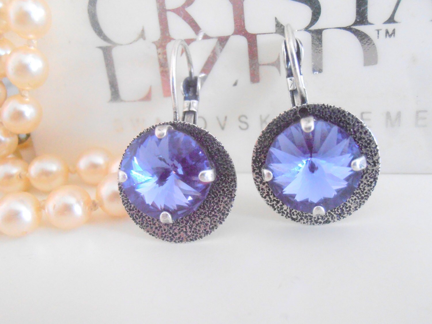 Tanzanite Blue Rivoli Earrings / Hammered Statement Drops / Rivoli Disc Earrings / Dangle Drop / Antique Silver