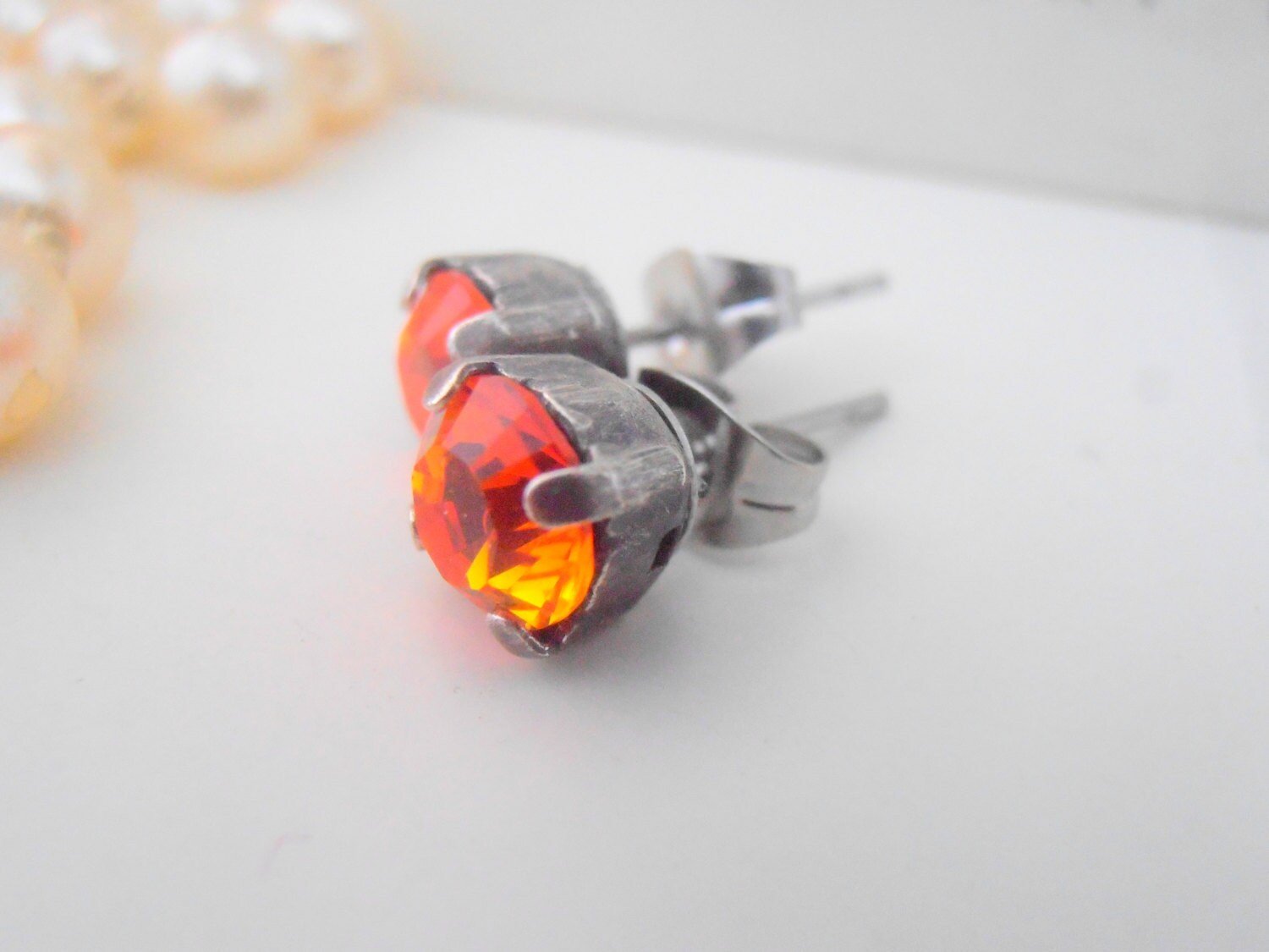 Fire Opal Stud earrings / Antique Jewelry / 6mm Crystal Chatons / Post Earring in Silver with Surgical Steel Pads / Girl Gift / 
