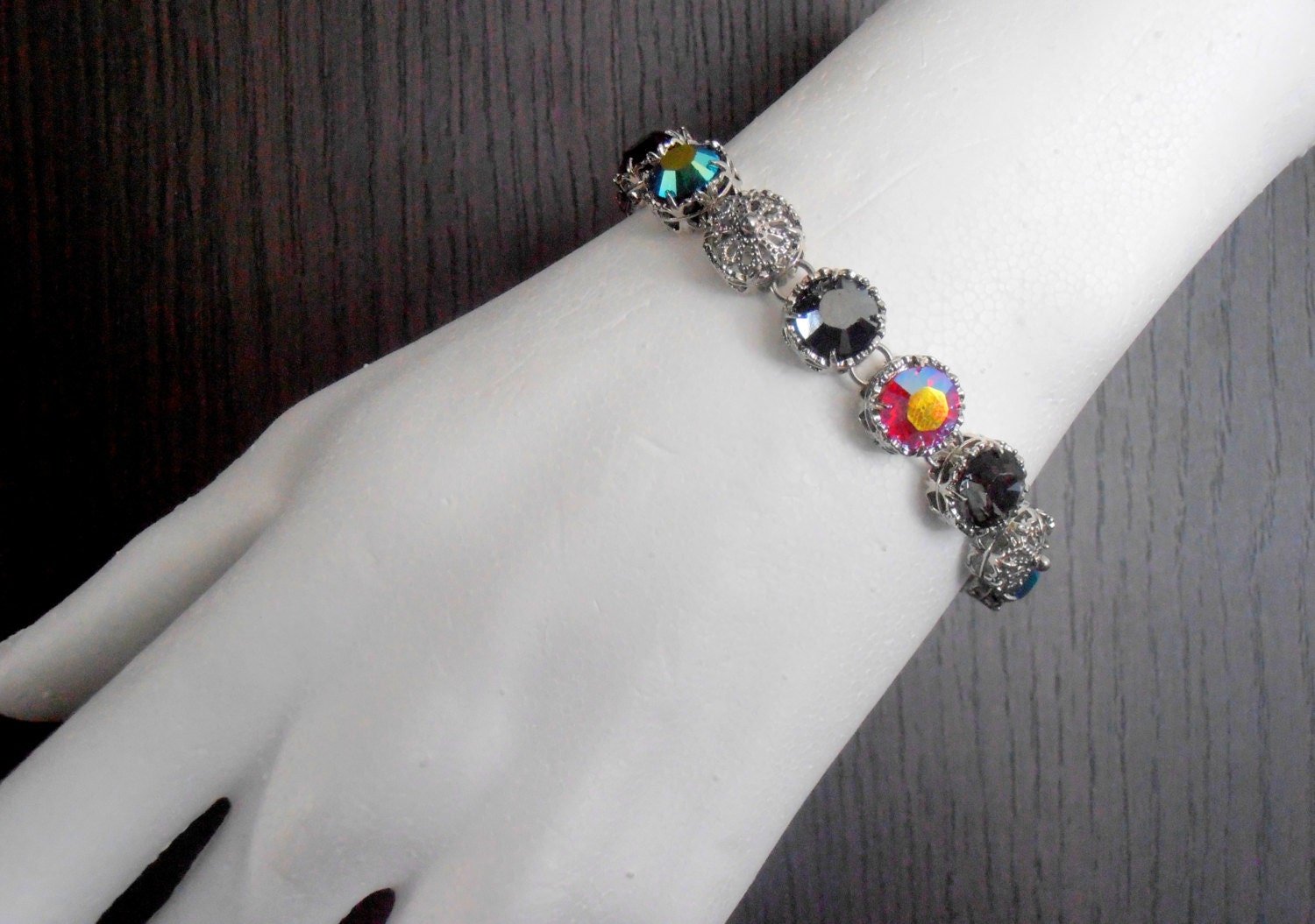 Jet AB Multicolors Filigree Bracelet / Aurora Borealis Rhinestone / Bridesmaid Gift For Her / Links Platinum Setting