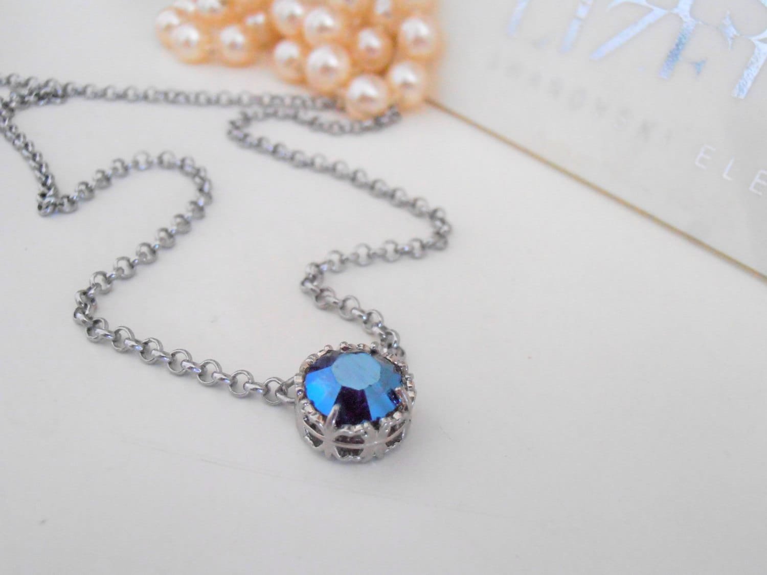 Metallic Blue Dainty Solitaire Pendant, Minimalist Jewelry, Art deco Filigree Platinum Chain Pendant, Birthday Gift