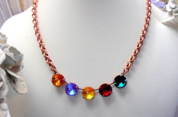 Vintage Multicolors Antique Copper Chain Necklace with Rivoli Crystals 1122,Tennis Cup chain Crystal Jewelry, Women Birthday Gift