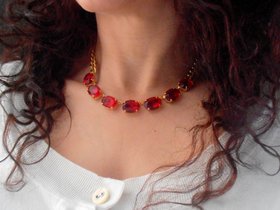 Red Collet Rhinestone Necklace, Crystal Choker, Anna Wintour, Gold Jewelry, 13x18mm Oval, Mother's day gift