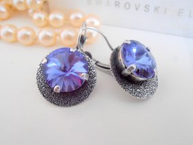 Tanzanite Blue Rivoli Earrings / Hammered Statement Drops / Rivoli Disc Earrings / Dangle Drop / Antique Silver