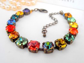 Vintage Multi-color Tennis Crystal Bracelet, Antique Bronze Colorful Jewelry, Birthday Gift for Women, Christmas Holiday