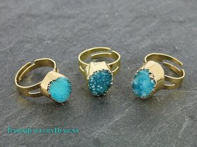 Raw Druzy Ring with Aqua Blue Agate Stone, Boho Adjustable Statement Ring | 16mm Round Gold Band, Mineral Bohemian Jewelry