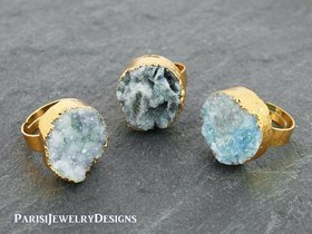 Raw Druzy Ring •  Pale Blue Agate Stone • Boho Rings • Statement Adjustable Ring • Natural Gemstone Mineral • Round 20mm Gold