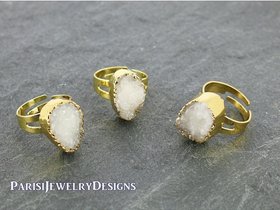 Crystal Gemstone Druzy Ring, Raw White Agate Stone Jewelry, Statement Adjustable Boho Ring, Mineral Oval 16mm Gold, Boho