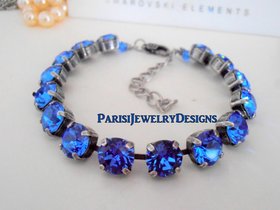 September Sapphire Birthstone Tennis Bracelet, Round Cup chain, Blue Crystal, Mother's Day Gift