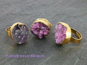 Raw Druzy Ring • Light Purple Agate Stone • Boho Cuff Rings • Band Statement Adjustable Ring • Natural Gemstone • Round 20mm Gold • 363