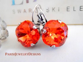 Padparadscha Cushion Cut Drop Earrings 12mm, Orange Crystals 4470, Antique Silver Jewelry, Anniversary Gift for her