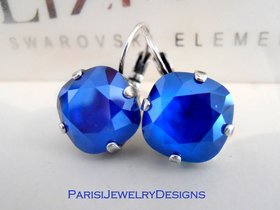 Royal Blue Cushion Cut Earrings with Crystals 4470 / 12mm Lever back Square Dangle & Drop / Mother's Day Gift