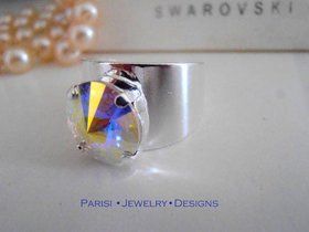 Aurora Borealis Rivoli Cuff Ring / AB Crystal / Adjustable Statement Band Ring / Jewelry for Birthday Gift