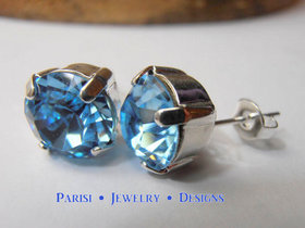 Blue Aquamarine Crystal Stud Earrings in Silver Plating