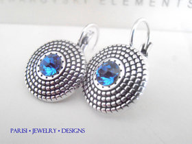 Blue Sapphire Antique Silver Disc Earrings / Bohemian Jewelry / Pewter Dangle Setting / Birthday Gift