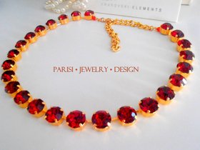 Red Ruby Crystal choker necklace, Georgian collet, Tennis gold cup chain setting, Birthday gift