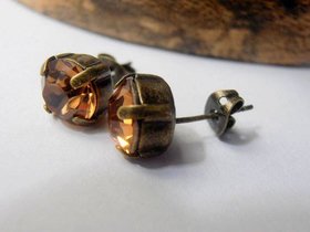 Light Smoked Topaz stud Earrings, Antique Bronze Jewelry, Post Pierce, 8mm Brown Crystal Chatons, Woman Gift