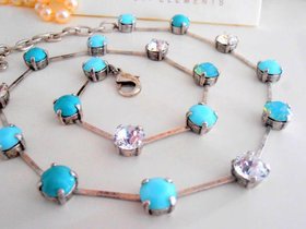 Turquoise Crystal Collet Necklace, Pacific Opal Blue Tennis Choker, Silver Cup chain, Gift for her