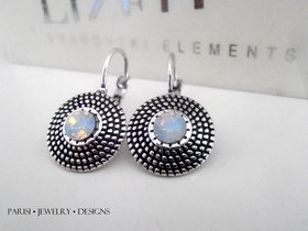 White Opal Dangle Disc Earrings in Antique Silver Statement Disc Earrings