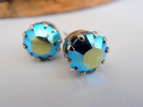 Blue Aquamarine AB Crystal Stud Earrings in Silver Plated