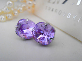 Lavender Purple Cushion Cut Earrings / Crystal Studs / 4470 Bridal Platinum Square Post Earrings / Wedding Purple Jewelry / Birthday gift