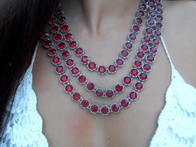 Multi-Strand Layered Ruby Crystal Necklace | Three-Tiered Statement Bridal Necklace | Women's Art Deco Jewelry | Anniversary Gift for Wife