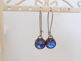 Sapphire Threader Earrings / Crystal Blue Long Drop Thread Jewelry / Art Deco Dangle / Antique Bronze Filigree / Christmas