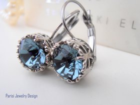 Indian Sapphire Art Deco Drop Earrings / Blue Crystal Jewelry / Valentine's Gift / Surgical Steel Lever back Earrings / Birthday Gift