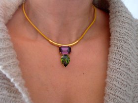 Yellow Leather Cord Tube Necklace with Fancy Crystals, Bohemian Gold Choker, Boho Jewelry, Olivine/Amethyst, Birthday Gift