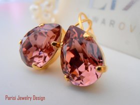 Blush Rose Teardrop Pear Crystal Earrings 4320, Wedding Jewelry for her, Gold Lever back Dangle Pear 14x10mm, Gift for Bridesmaids 