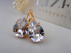 Clear Pear Crystal Teardrop Dangle Earrings in Gold | Wedding Jewelry | Bridesmaids Sparkling Gift