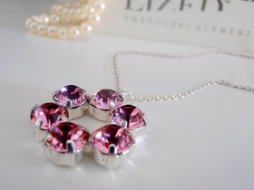 Antique Pink Flower Crystal Pendant, Silver Circle Chain Necklace, Costume Jewelry, Birthday Gift for her