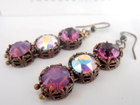 Aurora Borealis/Amethyst Drop Earrings with Crystal Chatons / Art Nouveau Antique Bronze Jewelry / Birthday Gift