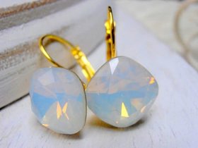 White Opal Cushion Cut Earrings / Bridesmaids Gold Dangle&Drop Leverback Earrings / Bridal Wedding Jewelry For Her