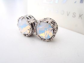 White Opal Stud Earrings with Austrian Crystals in Platinum | Art Deco Style Jewelry