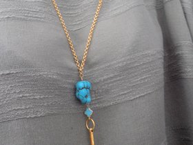 Natural Turquoise Blue Gemstone Necklace, Vermeil Clover Bar Long Necklace, Statement Bohemian Layering Jewelry, Birthday Gift for her