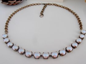 Pearlescent White Pearl Necklace 8mm 5817, Antique Jewelry, Crystal Bronze Chain Choker, Cup chain Setting, Girl Birthday